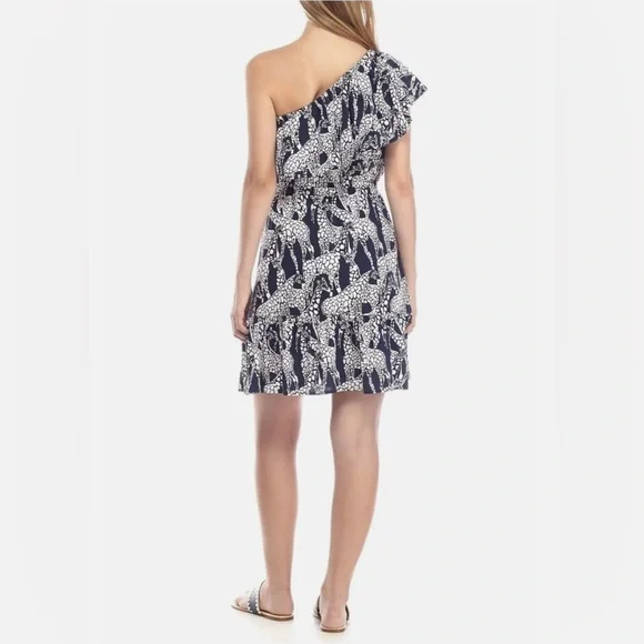 Crown & Ivy 1 Shoulder Asymetrical Ruffled Neckline Smocked Animal Print Dress M - Picture 3 of 9